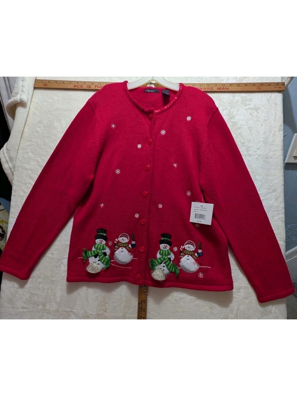 Empress Women's Large Lipstick Red Holiday Cardigan Sweater with Embroidered and